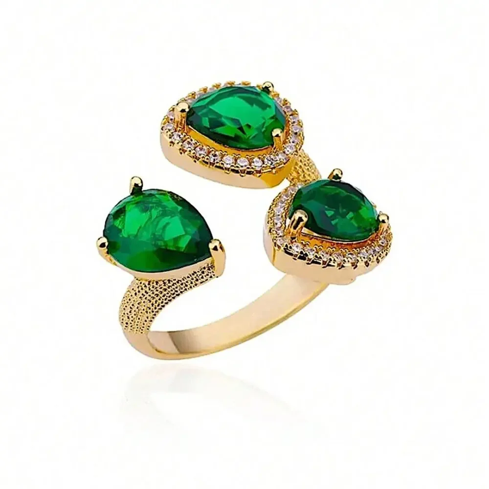 18K GOLD PLATED EMERALD LEAF RING ZIRCON ACCENTS ADJUSTABLE SIZE - Picture 5 of 6